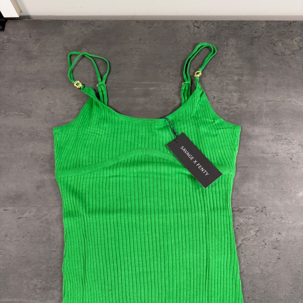 Savage X Fenty Dress Womens M Cable Knit Green Ribbed Maxi NEW Bodycon Hugging